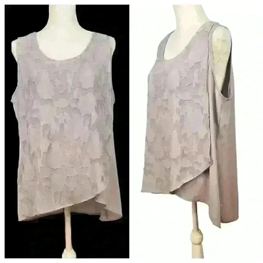 ROZ & ALI Womans Vtg GREY Lightweight LINED Tunic Top LACE Top Front size XL